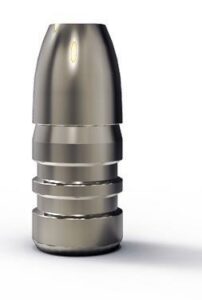 Silver bullet standing upright on white background.