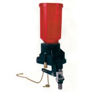 Red and black mechanical part with chain attachment.