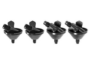 Four black plastic funnels with spouts