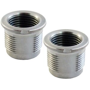 Two stainless steel threaded inserts, close-up view.