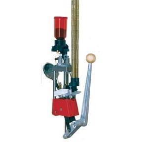 Single stage reloading press with lever and hopper.