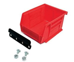Red storage bin with hardware and bracket