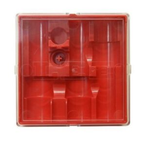 Red plastic battery holder with compartments