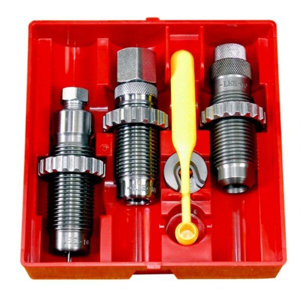 Red reloading die set with tools inside.