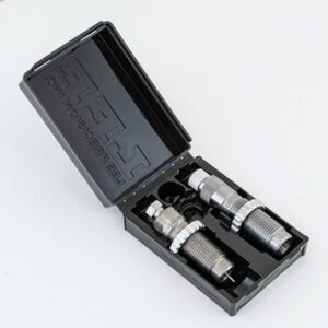 Reloading die set in open black case.