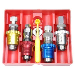 Colorful hose fittings in a red plastic box.