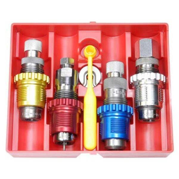 Colorful hose fittings in a red plastic box.