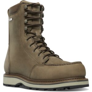 Brown leather hiking boot with laces and sole.