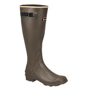 Tall brown rubber boot with buckle and tread.