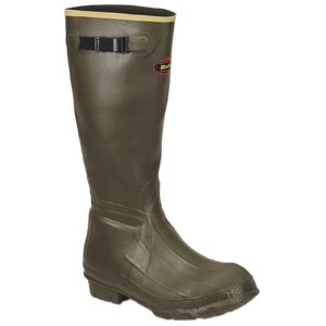Green waterproof rubber boot with adjustable strap.