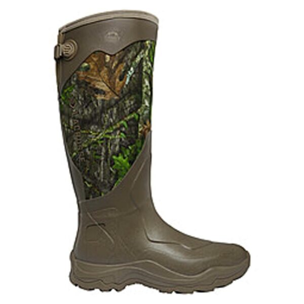 Camouflage hunting boot with adjustable strap.