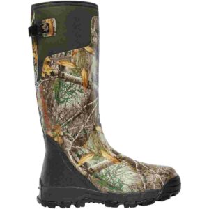 Camouflage knee-high rubber hunting boot with buckle.