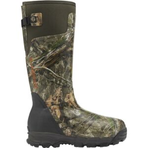 Camouflage hunting boot with rugged sole.