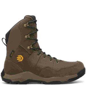 Brown hiking boot with black laces and sole.