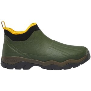 Green rubber boot with yellow trim, side view.