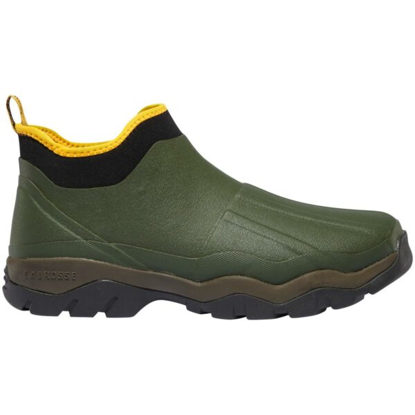 Green ankle-high waterproof rubber boot, yellow trim.