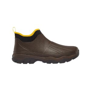 Brown rubber ankle boot with yellow trim.