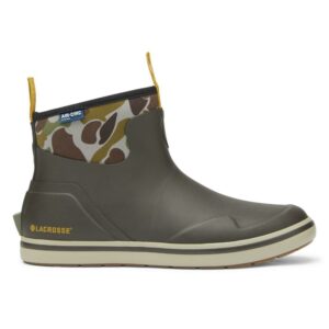 Green waterproof boot with camouflage pattern.