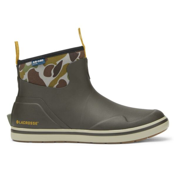 Green waterproof boot with camouflage pattern.