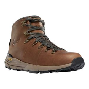 Brown hiking boot with black laces on a white background.