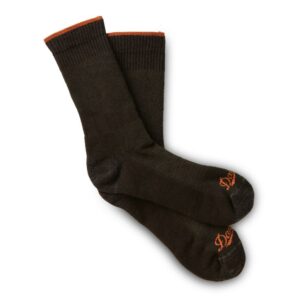 Pair of black crew socks with orange trim.