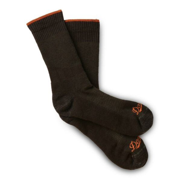 Pair of black crew socks with orange trim.