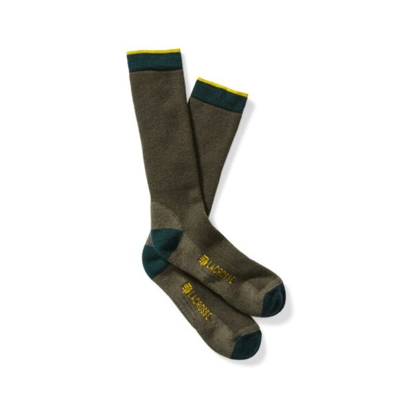 Men's dark gray socks with yellow logo detail.