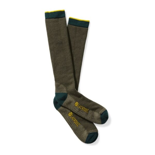 Green knee-high socks with yellow logo.