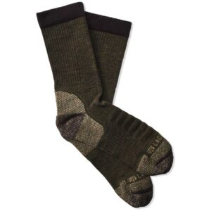 Pair of green and brown hiking socks.