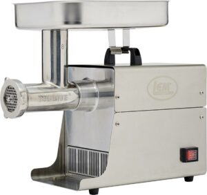Stainless steel electric meat grinder side view.