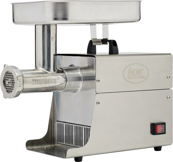 Stainless steel electric meat grinder side view.
