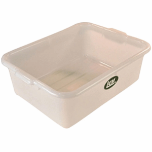 White plastic storage bin with green label.