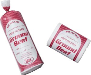 Frozen ground beef packaging with red stripes.