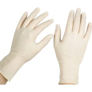 Hands wearing white latex gloves.