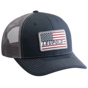 Mesh cap with American flag design patch.
