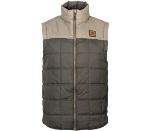 Gray and beige quilted sleeveless vest with zipper.