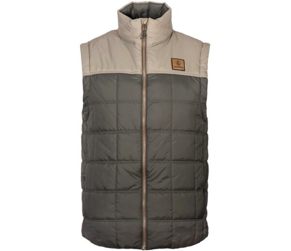 Gray and beige quilted sleeveless vest with zipper.