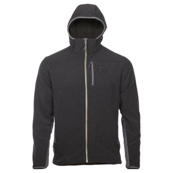Black hooded jacket with zipper front.