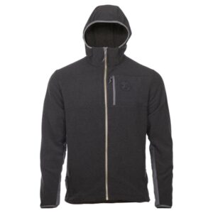 Gray hooded jacket with chest pocket.