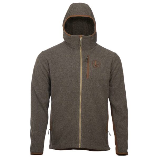 Brown hooded jacket with front zipper.