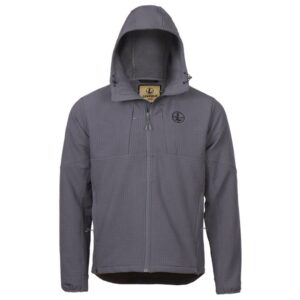 Gray hooded jacket with front zipper and logo