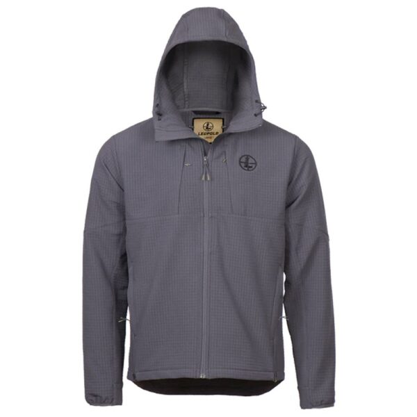 Gray hooded jacket with front zipper and logo