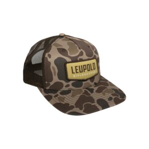 Camo cap with mesh back, Leupold Riflescopes logo.