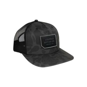 Black camo hat with mesh back and logo patch.