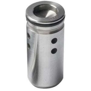 Silver metal cylinder valve with holes and grooves.
