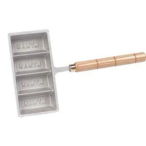 Rectangular pan with wooden handle for cornbread.