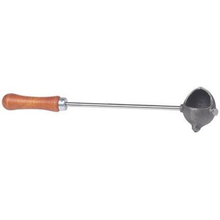 Long-handled cast iron smelting ladle with wooden grip.