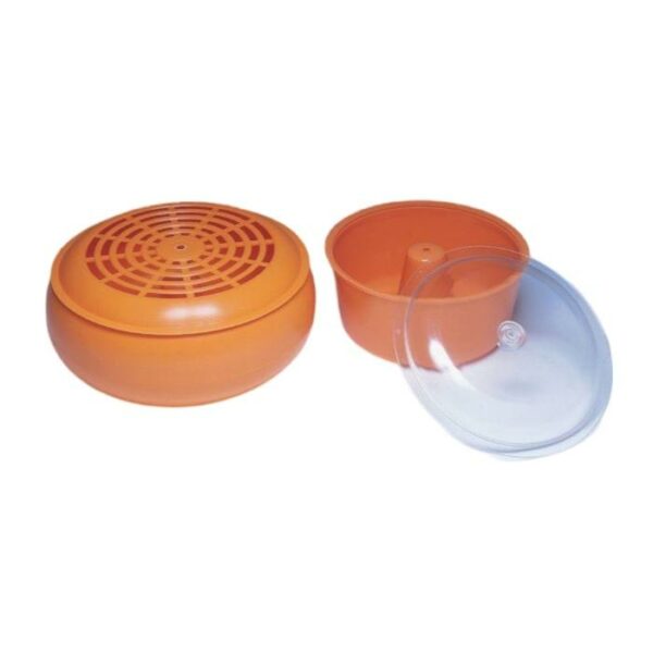 Orange kitchen steamer with lid and colander.