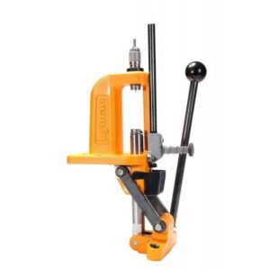 Orange manual reloading press with levers.