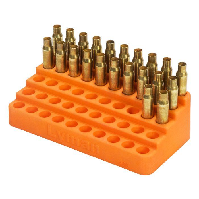 Orange ammunition holder with brass cartridges